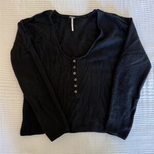 Free People Cashmere Black Long-Sleeve Scoop Neck Henley Top